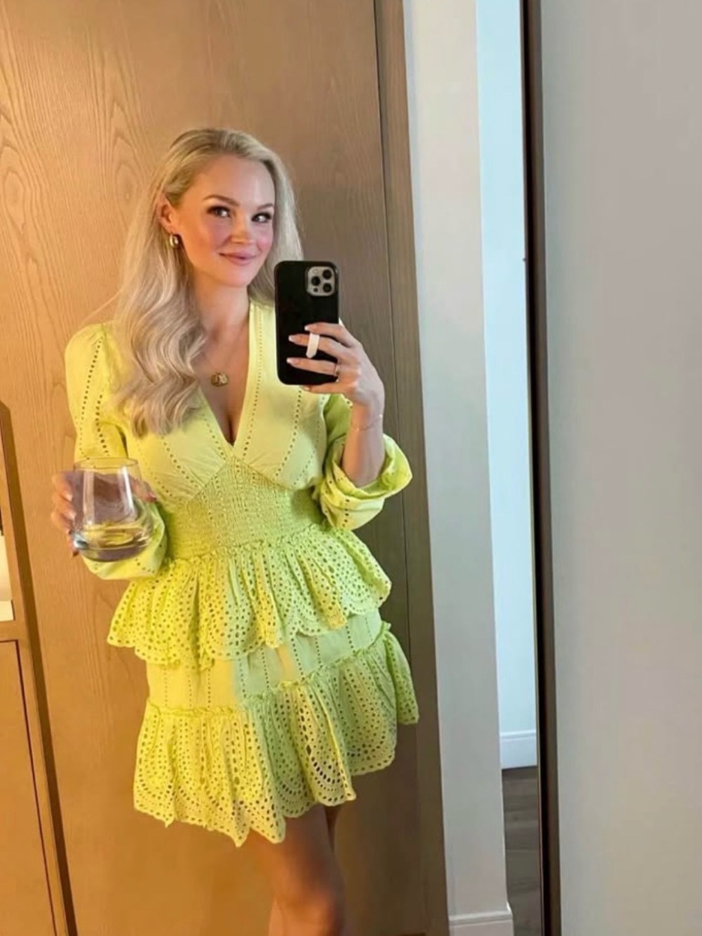 Lime Eyelet Tiered Mini Dress with Smocked Waist